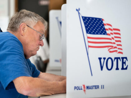 MT. GILEAD, NC - MAY 17: A man fills out a ballot at a voting booth on May 17, 2022 in Mt. Gilead, North Carolina. North Carolina is one of several states holding midterm primary elections. (Photo by Sean Rayford/Getty Images)