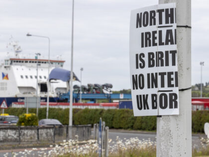 An anti-Northern Ireland Protocol sign close to Larne Port, as a Bill to amend the Northern Ireland Protocol unilaterally will be introduced in Parliament today, amid controversy over whether the legislation will break international law. Picture date: Monday June 13, 2022. (Photo by Liam McBurney/PA Images via Getty Images)