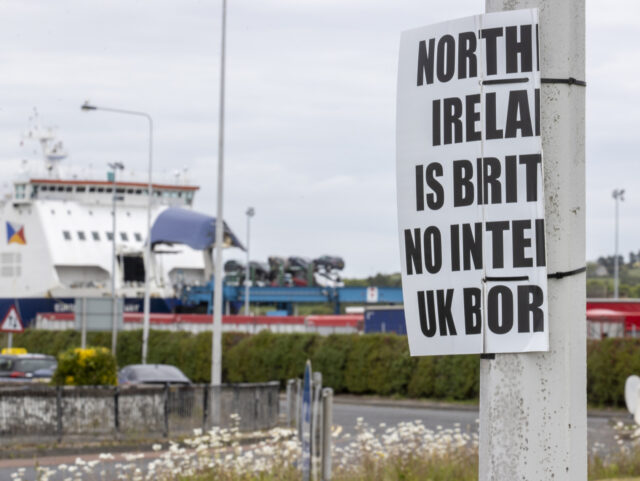 An anti-Northern Ireland Protocol sign close to Larne Port, as a Bill to amend the Norther
