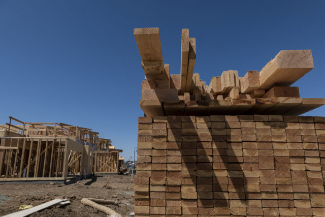 2x4 boards stacked at a new home construction site in Antioch, California, US, on Tuesday,