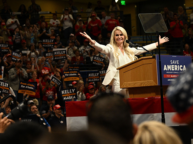 US Senate candidate Kelly Tshibaka speaks ahead of former US President Donald Trump during a "Save America" rally campaigning in support of republican candidates in Anchorage, Alaska on July 9, 2022. (Photo by Patrick T. FALLON / AFP) (Photo by PATRICK T. FALLON/AFP via Getty Images)