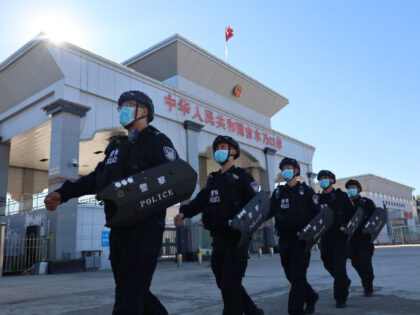 ALTAY, CHINA - JULY 15, 2022 - Immigration management police officers form a patrol team to patrol the border area of the port of entry in Altay, Xinjiang Province, China, July 15, 2022. (Photo credit should read CFOTO/Future Publishing via Getty Images)