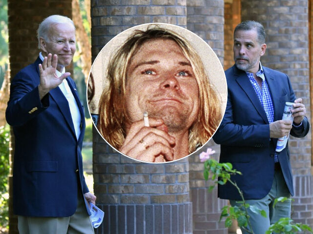 (INSET: Kurt Cobain) US President Joe Biden (L) waves alongside his son Hunter Biden after