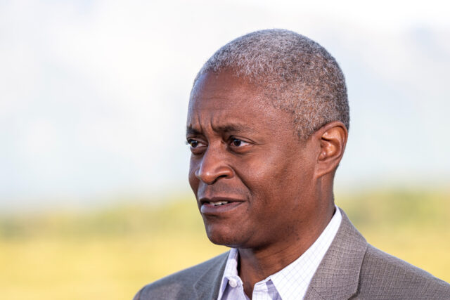 Raphael Bostic, president and chief executive officer of the Federal Reserve Bank of Atlanta, speaks during a Bloomberg Television interview at the Jackson Hole economic symposium in Moran, Wyoming, US, on Friday, Aug. 26, 2022. Federal Reserve officials stressed the need to keep raising interest rates even as they reserved …