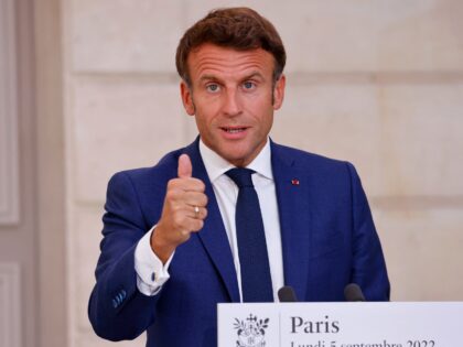 France's President Emmanuel Macron addresses media following a conference with Germany's Chancellor Olaf Scholz on the energy crisis via video link, at the Elysee presidential palace in Paris on September 5, 2022. (Photo by Ludovic MARIN / POOL / AFP) (Photo by LUDOVIC MARIN/POOL/AFP via Getty Images)
