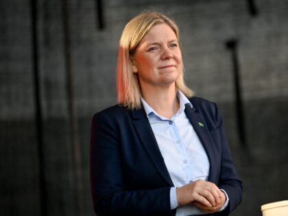 Swedish Prime Minister and party leader of the Social Democrats Magdalena Andersson makes a speech at an election campaign rally Sweden, on September 5, 2022. - Andersson is campaigning in Borlange and Falun, ahead of Sweden's general elections to take place on September 11, 2022. - Sweden OUT (Photo by …