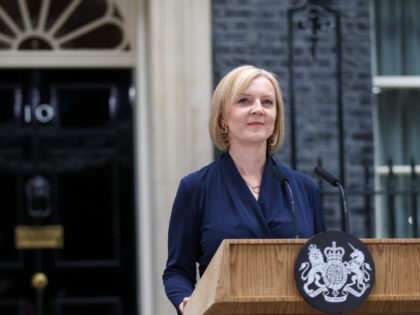 Liz Truss, UK prime minister, delivers her first speech as premier outside 10 Downing Street in London, UK, on Tuesday, Sept. 6, 2022. Truss is finalizing plans for a £40 billion ($46 billion) support package to lower energy bills for UK businesses. Photographer: Hollie Adams/Bloomberg via Getty Images