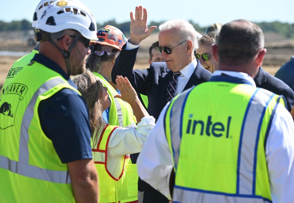US President Joe Biden greets workers at the groundbreaking of the new Intel semiconductor manufacturing facility near New Albany, Ohio, on September 9, 2022. (Photo by SAUL LOEB / AFP) (Photo by SAUL LOEB/AFP via Getty Images)