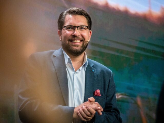 Jimmie Akesson, leader of the Sweden Democrat party, reacts during the party's electi