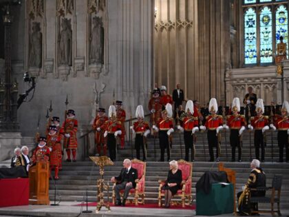 Britain's King Charles III and Britain's Camilla, Queen Consort listen as the Lord speaker, John McFall speaks during the presentation of Addresses by both Houses of Parliament in Westminster Hall, inside the Palace of Westminster, central London on September 12, 2022, following the death of Queen Elizabeth II on September …