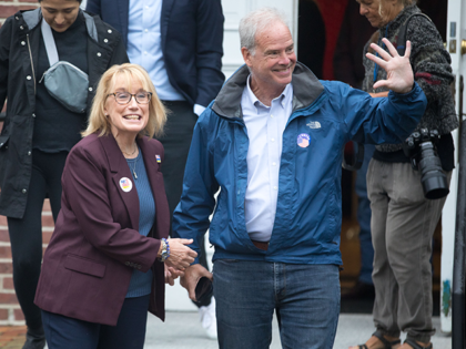 Incumbent Democratic Senate candidate, U.S. Sen. Maggie Hassan (D-NH) and her husband Thomas leave Newfields Town Hall after casting their vote in the New Hampshire Primary on September 13, 2022 in Newfields, New Hampshire. (Photo by Scott Eisen/Getty Images)