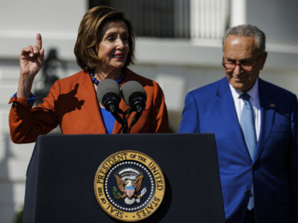 US House Speaker Nancy Pelosi, a Democrat from California, left, speaks alongside Senate M