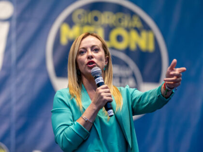 Giorgia Meloni of Fratelli d'Italia political party, member of right-wing coalition speaks to supporters in turin, Italy. The Italians will go on 25 September 2022 to vote to renew the parliament after the early end of the Draghi government. (Photo by Mauro Ujetto/NurPhoto via Getty Images)