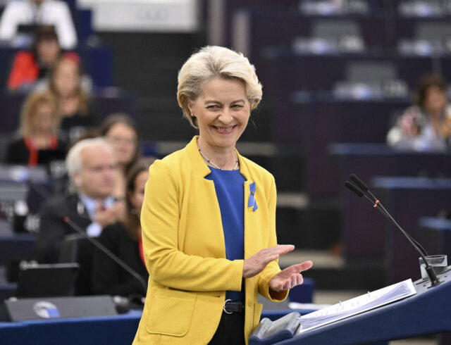 European Commission President Ursula von der Leyen delivers a speech during a debate on "The State of the European Union" as part of a plenary session in Strasbourg, eastern France, on September 14, 2022. (Photo by FREDERICK FLORIN / AFP) (Photo by FREDERICK FLORIN/AFP via Getty Images)