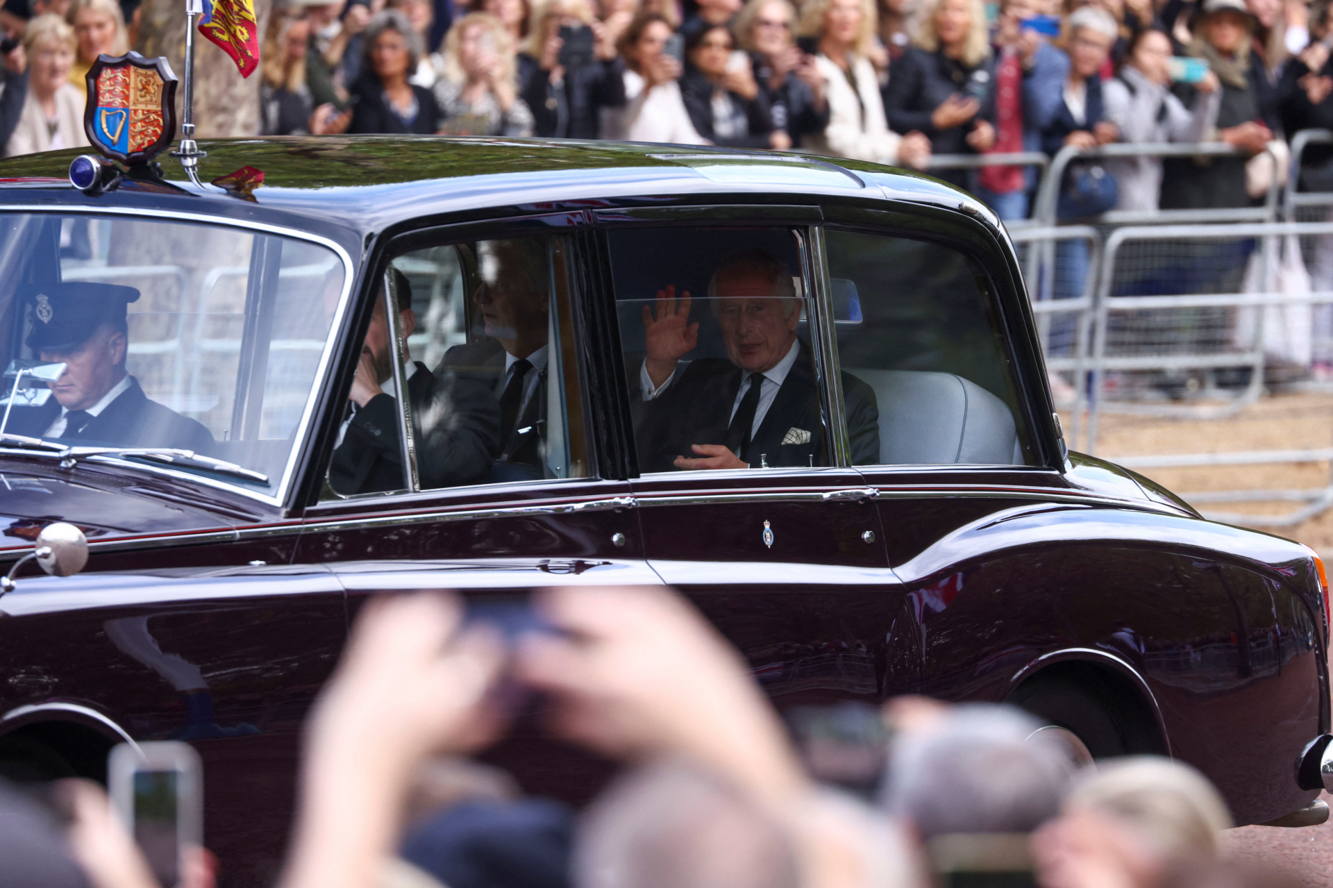 LONDON, ENGLAND - SEPTEMBER 14: King Charles III is driven from Clarence House to Buckingham Palace on September 14, 2022 in London, United Kingdom. Queen Elizabeth II's coffin is taken in procession on a Gun Carriage of The King's Troop Royal Horse Artillery from Buckingham Palace to Westminster Hall where she will lay in state until the early morning of her funeral. Queen Elizabeth II died at Balmoral Castle in Scotland on September 8, 2022, and is succeeded by her eldest son, King Charles III. (Photo by Tom Nicholson - WPA Pool/Getty Images)