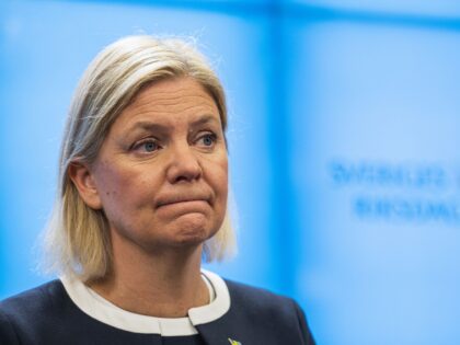 Swedish Prime Minister Magdalena Andersson speaks during a press conference after she pres