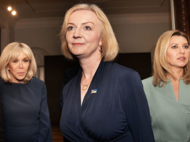 NEW YORK, NEW YORK - SEPTEMBER 20: Britain's Prime Minister Liz Truss (C) meets Ukranian First Lady, Olena Zelenska (R) and French First Lady, Brigitte Macron (L) at The Ukrainian Institute of America in New York City where they viewed an exhibition illustrating the atrocities taking place in Ukraine on …