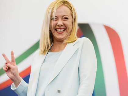 ROME, ITALY - 2022/09/26: Giorgia Meloni is seen during a press conference. Giorgia Meloni, leader of the far-right and national-conservative party Fratelli d'Italia (Brothers of Italy), commented on the party's victory at the Italian elections, held on 25 September 2022, at Parco Principi Hotel in Rome. (Photo by Valeria Ferraro/SOPA …