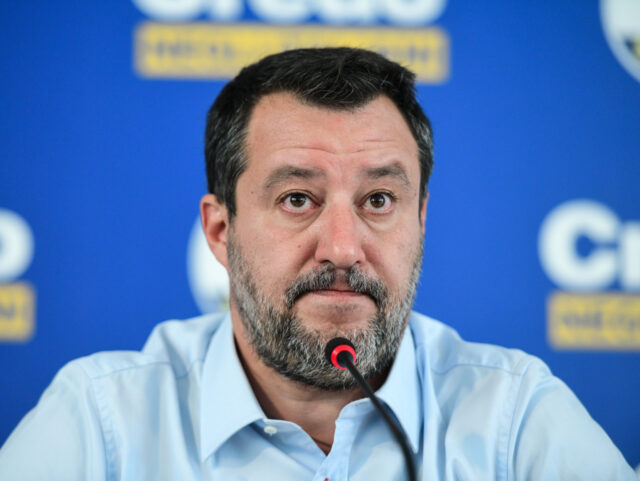 MILAN, ITALY - SEPTEMBER 26: Matteo Salvini, leader of Lega party, gestures as he addresses journalists during a press conference after general elections of September 25 in Milan, Italy on September 26, 2022 (Photo by Piero Cruciatti/Anadolu Agency via Getty Images)