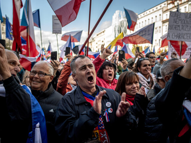 PRAGUE, CZECH REPUBLIC - SEPTEMBER 28: People gather to protest against the Czech governme