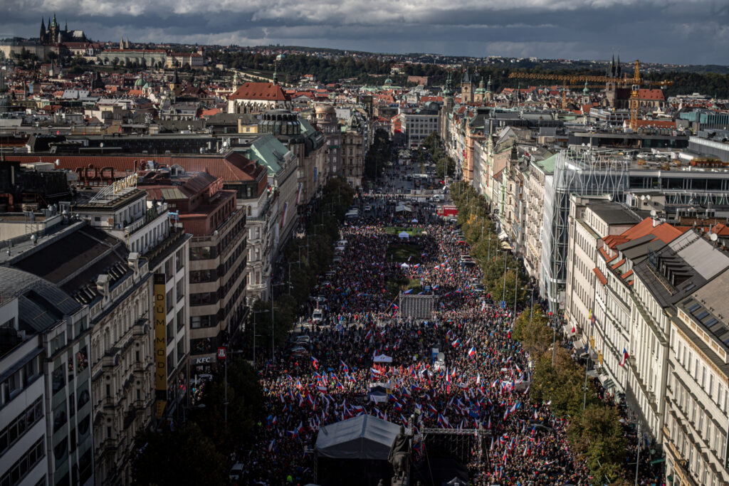 PRAGUE, CZECH REPUBLIC - SEPTEMBER 28: People gather to protest against the Czech government and the way it has been handling the energy crisis and soaring prices at Wenceslas Square in Prague, Czech Republic on September 28, 2022. The last protest organised by the same group from the fringes of the Czech political scene attracted tens of thousands of people in early September. The protest was attended by lower tens of thousands of participants police said. (Photo by Lukas Kabon/Anadolu Agency via Getty Images)