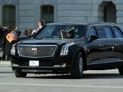 WASHINGTON, DC - JANUARY 20: The presidental limousine carrying U.S. President Joe Biden and First Lady Dr. Jill Biden leaves after the 59th Presidential Inauguration at the U.S. Capitol on January 20, 2021 in Washington, DC. During today's inauguration ceremony Joe Biden becomes the 46th president of the United States. …