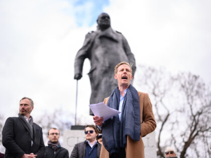 LONDON, ENGLAND - APRIL 07: Laurence Fox launches his manifesto for his bid to become the Mayor of London while standing in front of a statue of former British Prime Minister Winston Churchill in Parliament Square on April 07, 2021 in London, England. Fox is standing on policies critical of …