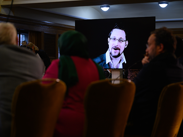 US whistleblower Edward Snowden addresses the other speakers and audience through a live video link from Moscow, during "The Belmarsh Tribunal", which is calling for the release of Wikileaks founders Julian Assange, on October 22, 2021 in London, England. The Belmarsh Tribunal is a convention of parliamentarians, journalists, investigators and …