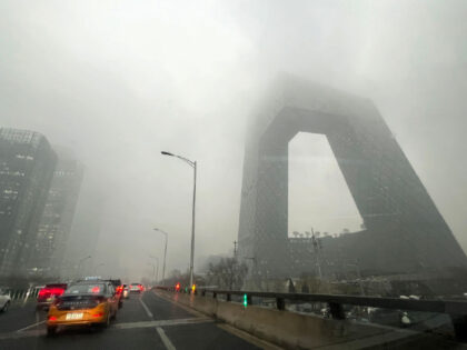 BEIJING, CHINA - MARCH 24: The CCTV headquarters is seen during a smoggy day on March 24, 2022 in Beijing, China. (Photo by Fu Tian/China News Service via Getty Images)