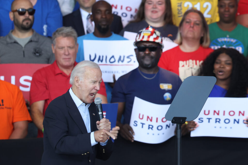 President Joe Biden speaks to a gathering of union workers at Laborfest on September 05, 2022 in Milwaukee, Wisconsin. Biden is scheduled to speak at an event in Pennsylvania after leaving Wisconsin. (Photo by Scott Olson/Getty Images)
