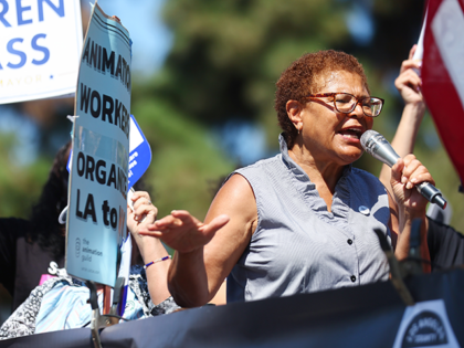 Los Angeles Democratic mayoral candidate Rep. Karen Bass (D-CA) speaks at the annual Labor Day Parade hosted by the Los Angeles/Long Beach Harbor Labor Coalition on September 5, 2022 in Wilmington, California. Around 5,000 were expected to attend the event, which was held amid an Excessive Heat Warning issued by …