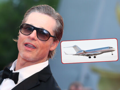 (INSET: Vistajet private jet) Brad Pitt attends the "Blonde" red carpet at the 79th Venice