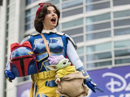 Star Wars/Disney cosplayer Amber Arden as Snowba Fett poses for photos outside Disney's D23 Convention on September 10, 2022 in Anaheim, California. (Photo by Daniel Knighton/Getty Images)