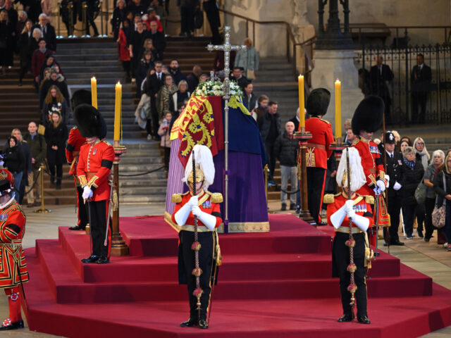 LONDON, ENGLAND - SEPTEMBER 17: The coffin carrying Queen Elizabeth II is draped in the Ro
