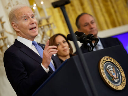 WASHINGTON, DC - SEPTEMBER 30: U.S. President Joe Biden delivers remarks during a reception to celebrate Rosh Hashanah, the Jewish New Year with Vice President Kamala Harris and second gentleman Doug Emhoff in the East Room of the White House on September 30, 2022 in Washington, DC. Rosh Hashanah began …