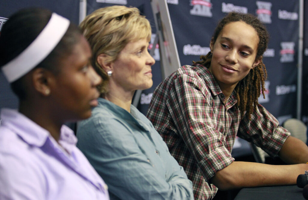 Baylor's Destiny Williams, from left, head coach Kim Mulkey and Brittney Griner talk to the press during the women's Big 12 basketball media day at American Airlines Center in Dallas, Texas on Thursday, October 25, 2012. (Paul Moseley/Fort Worth Star-Telegram/Tribune News Service via Getty Images)