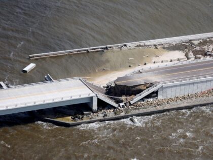 SANIBEL, FLORIDA - SEPTEMBER 29: In this aerial view, the Sanibel Causeway bridge collapsed in places after Hurricane Ian passed through the area on September 29, 2022 in Sanibel, Florida. The hurricane brought high winds, storm surge and rain to the area causing severe damage. (Joe Raedle/Getty Images)