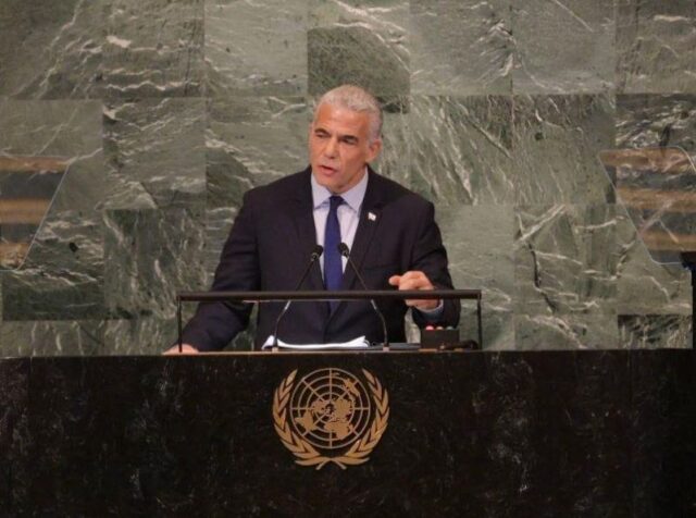 Israeli Prime Minister Yair Lapid addresses the UN General Assembly September 22, 2022, Photo: Avi Ohayon (GPO)