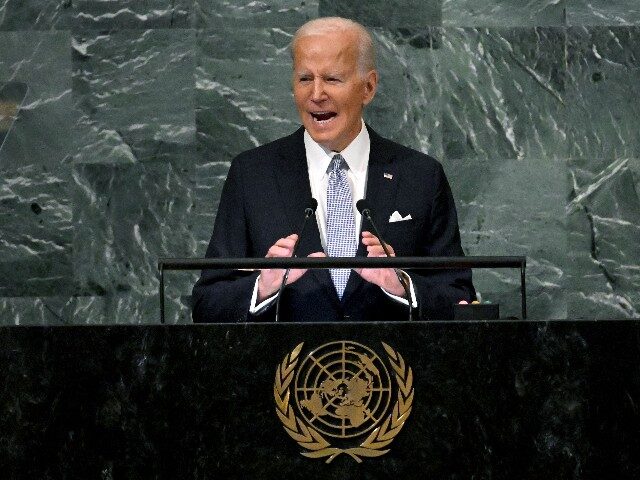 US President Joe Biden addresses the 77th session of the United Nations General Assembly at the UN headquarters in New York City on September 21, 2022. (Photo by TIMOTHY A. CLARY / AFP) (Photo by TIMOTHY A. CLARY/AFP via Getty Images)