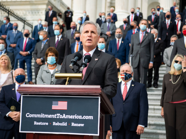 UNITED STATES - SEPTEMBER 15: House Minority Leader Kevin McCarthy, R-Calif., along with House Republicans, conduct an event on the House steps of the Capitol to announce the Commitment to America, agenda on Tuesday, September 15, 2020. The plan outlines ways to restore our way of life, rebuild the greatest …