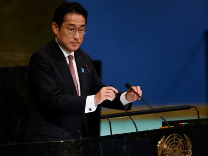 NEW YORK, NEW YORK - SEPTEMBER 20: Japanese Prime Minister Fumio Kishida speaks at the 77th session of the United Nations General Assembly (UNGA) at U.N. headquarters on September 20, 2022 in New York City. After two years of holding the session virtually or in a hybrid format, 157 heads …