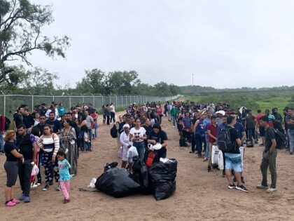 Eagle Pass Station Border Patrol agents apprehend a group of more than 360 migrants who crossed the Rio Grande into Texas. (Randy Clark/Breitbart Texas)