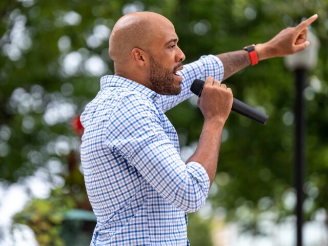 MADISON, WI - JULY 23: Lt. Gov. of Wisconsin and democratic candidate for US senate, Mandela Barnes, speaks to supporters at a rally outside of the Wisconsin State Capital building on Saturday July 23, 2022. (Photo by Sara Stathas for the Washington Post)