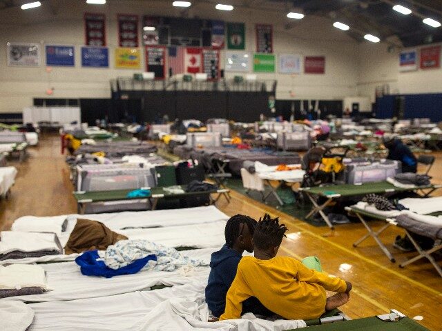Two children sit on one of the cots set up for asylum seekers in the emergency shelter at the Portland Expo on Wednesday, June 19, 2019. (Staff photo by Brianna Soukup/Portland Portland Press Herald via Getty Images)