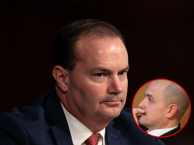 Mike Lee with inset of Evan McMullin looking up (Erin Schaff-Pool/Getty Images / Inset: Ge