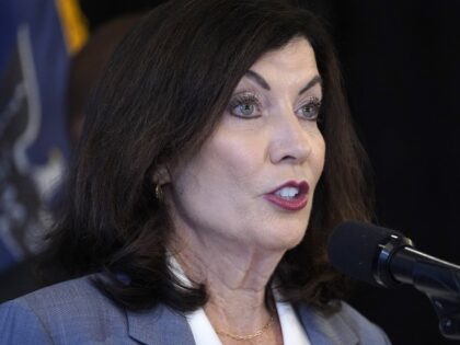 New York Governor Kathy Hochul speaks, joined by New York City Mayor Eric Adams and the newly appointed ATF Director Steve Dettelbach, as she delivers remarks about their joint effort to combat gun violence at the High Intensity Drug Trafficking Areas (HIDTA) office on August 24, 2022, in New York …