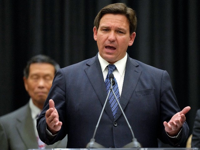 Florida Gov. Ron DeSantis speaks during a news conference, Thursday, Sept. 22, 2022, in Miami.  On Friday, Sept. 23, the Associated Press reported in stories circulating online incorrectly claiming that Florida ranks 9th in the U.S. for teacher pay.  (AP Photo/Rebecca Blackwell, File)