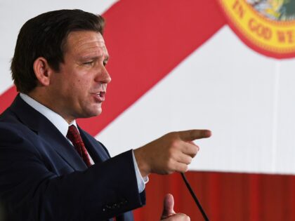 GENEVA, UNITED STATES - 2022/08/24: Florida Gov. Ron DeSantis speaks to supporters at a campaign stop on the Keep Florida Free Tour at the Horsepower Ranch in Geneva. DeSantis faces former Florida Gov. Charlie Crist for the general election for Florida Governor in November. (Photo by Paul Hennessy/SOPA Images/LightRocket via …