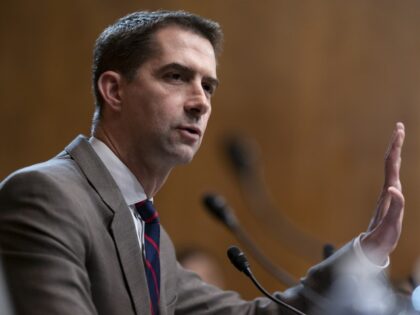 Sen. Tom Cotton (R-AR) questions Steven Dettelbach, President Joe Biden's pick to head the Bureau of Alcohol, Tobacco, Firearms, and Explosives, as he testifies before the Senate Judiciary Committee during his confirmation hearing, at the Capitol in Washington, Wednesday, May 25, 2022, the morning after the killing of at least …