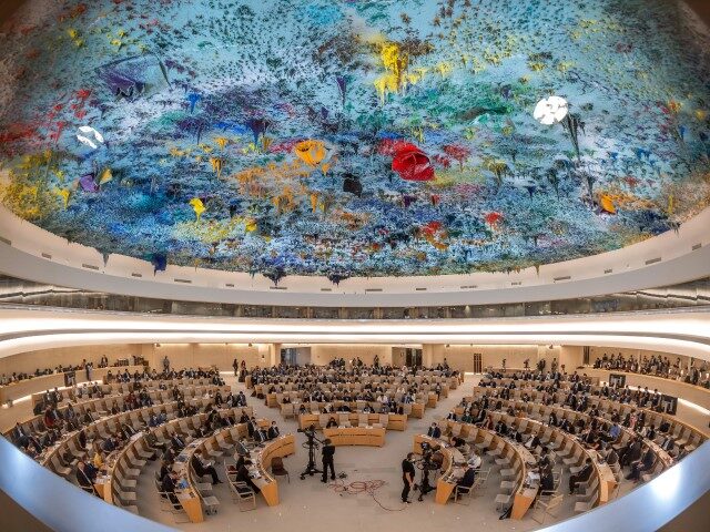 This photograph shows a general view during the opening day of the 51st session of the UN Human Rights Council in Geneva on September 12, 2022. (FABRICE COFFRINI/AFP via Getty Images)